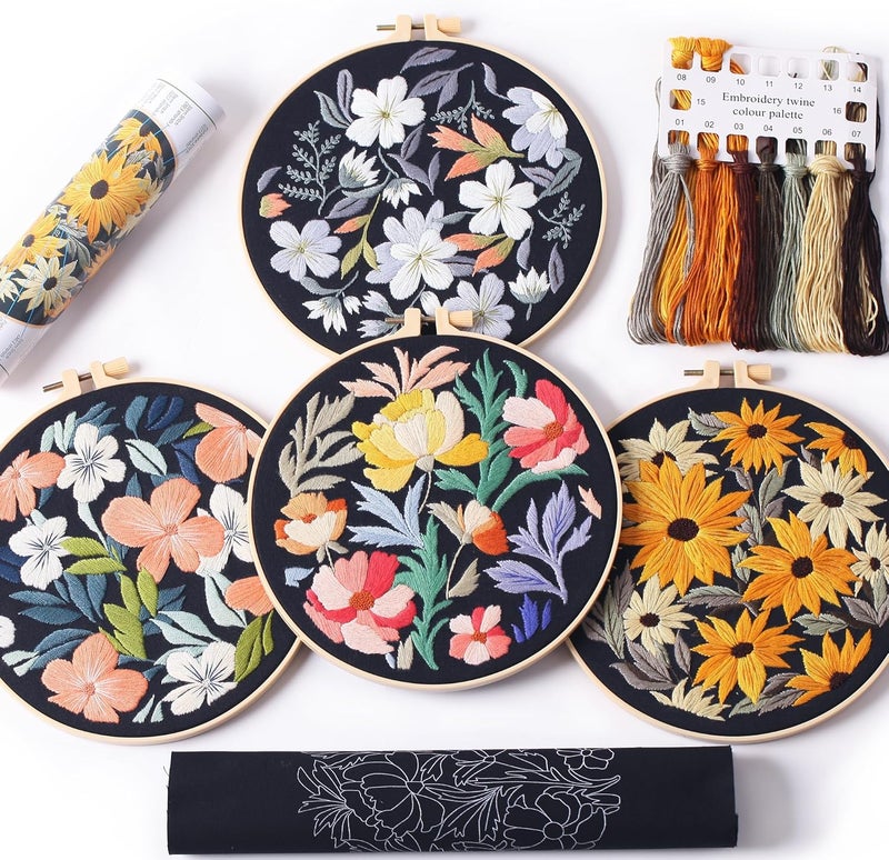 REEWISLY 4pcs of Embroidery Starter kit with Patterns and Instructions, DIY Beginner Adult Cross Stitch Kits, Including 2 Plastic Embroidery Rings, 1 Scissors, Colored Threads and Needles - Image 1